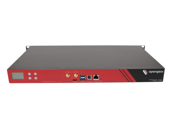 Przedni panel serwera konsolowego Opengear w czarno-czerwonej obudowie rack z wyświetlaczem LCD, przyciskami, portami i dwiema antenami.