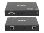 Dwa widoki transmitera NEC: przód z portem RS-232 i diodami LED oraz tył ze złączem zasilania, LAN, HDMI i portem HDBaseT.