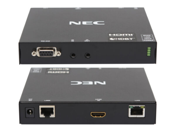 Dwa widoki transmitera NEC: przód z portem RS-232 i diodami LED oraz tył ze złączem zasilania, LAN, HDMI i portem HDBaseT.
