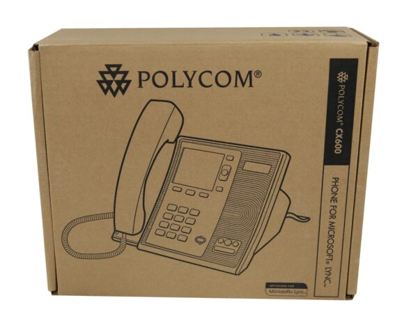 Karton Polycom CX600 z nadrukiem telefonu i logo Microsoft Lync z boku opakowania.