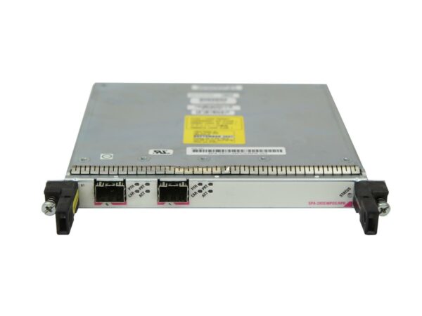 Moduł Cisco SPA z dwoma portami światłowodowymi z przodu i uchwytami dźwigniowymi po bokach obudowy.