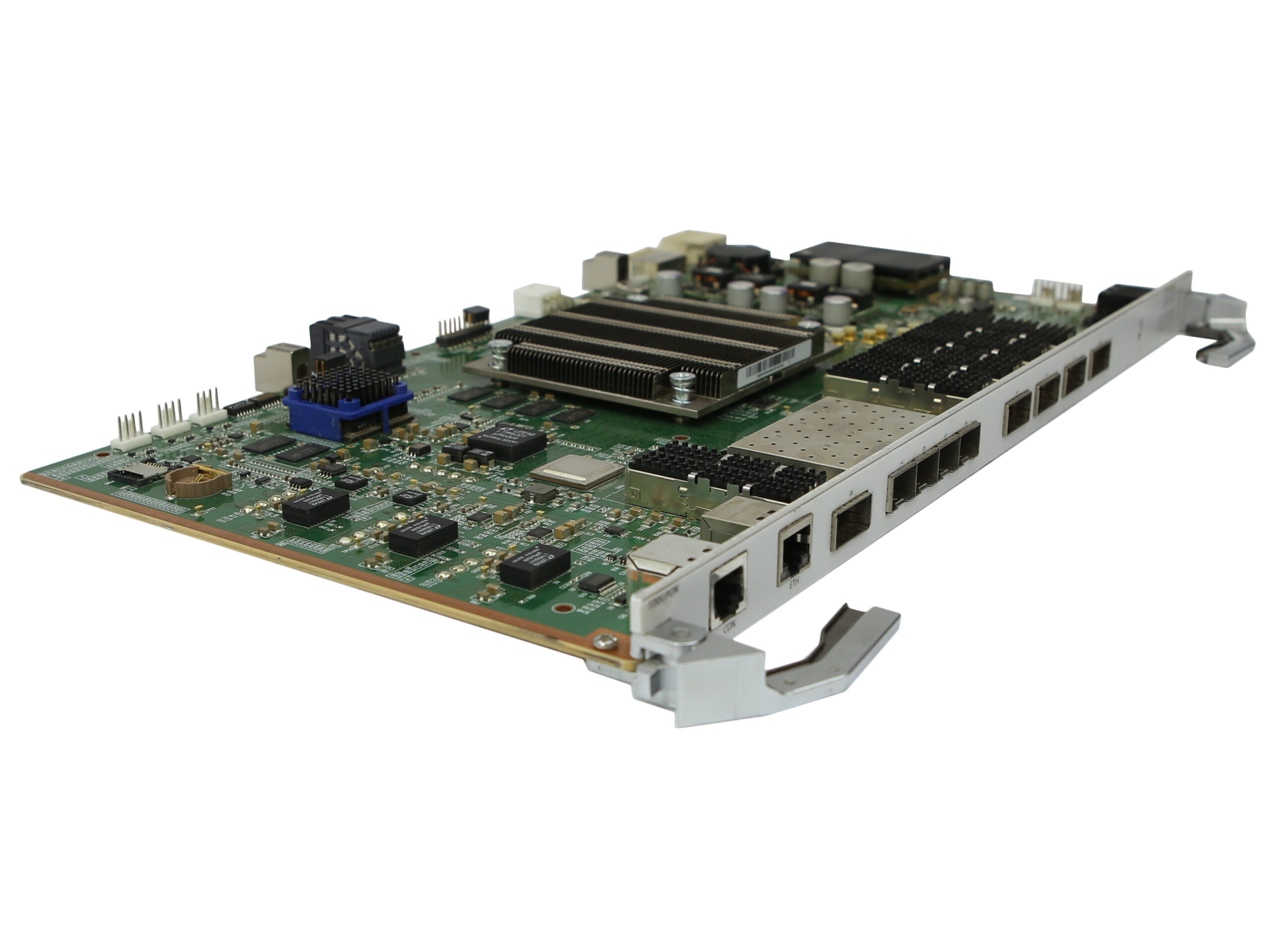 Karta modułu Huawei z widocznym rzędem portów SFP z boku, elementami elektronicznymi i metalową obudową na płycie.
