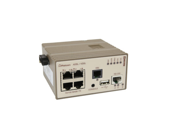 Przedni panel routera Westermo Falcon z czterema portami RJ45, portem SFP i złączem zasilania, obudowa w kolorze beżowym.