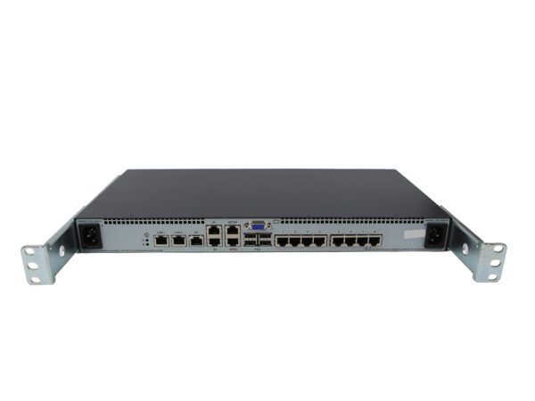 Przełącznik KVM HP w obudowie rack z widocznymi portami RJ45 z tyłu i uszami montażowymi po bokach.