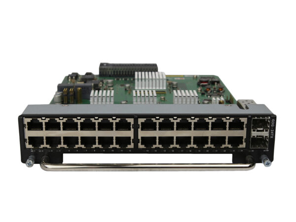 Moduł liniowy z 24 portami RJ45 i dwoma slotami combo SFP, płytka elektroniczna widoczna od góry obudowy
