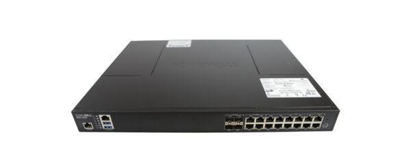 Widok z przodu urządzenia SonicWall z rzędami portów RJ45 oraz slotami SFP, obudowa w typowym stanie użytkowym.