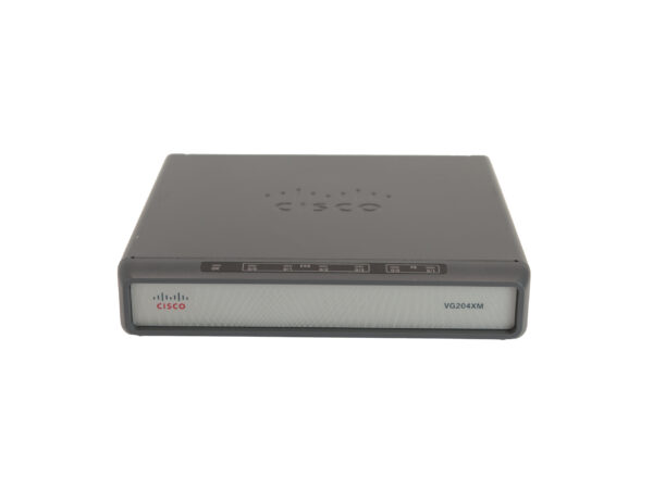 Widok z przodu bramki Cisco VG204XM, ciemnoszara obudowa z rzędem diod i logo Cisco po lewej stronie.