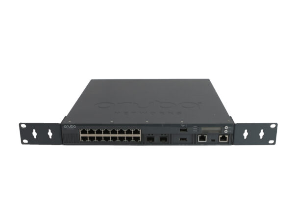 Przedni panel kontrolera Aruba 7010 z uszami montażowymi, rzędem portów RJ45 i dwoma slotami SFP.