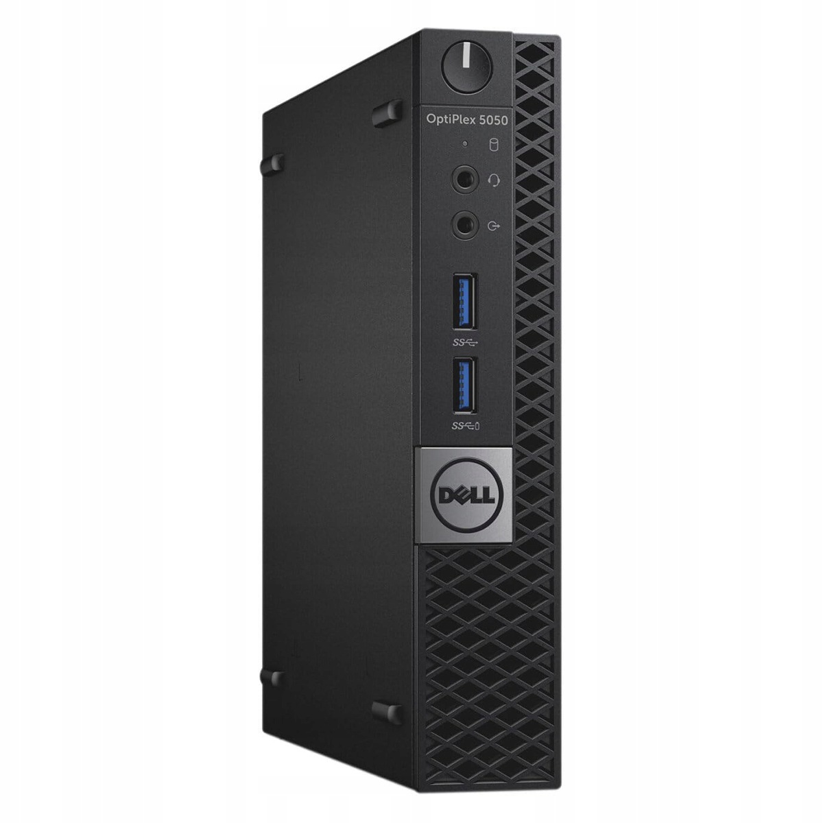 Przód komputera Dell OptiPlex 5050 Tiny z widocznymi portami USB, przyciskiem zasilania i logo Dell na czarnej obudowie.