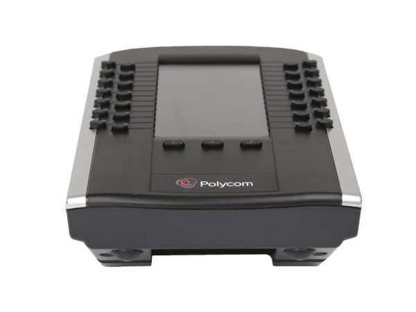 Moduł rozszerzający Polycom VVX Color ujęty z góry, widoczne rzędy przycisków funkcyjnych po bokach ekranu i logo na przodzie