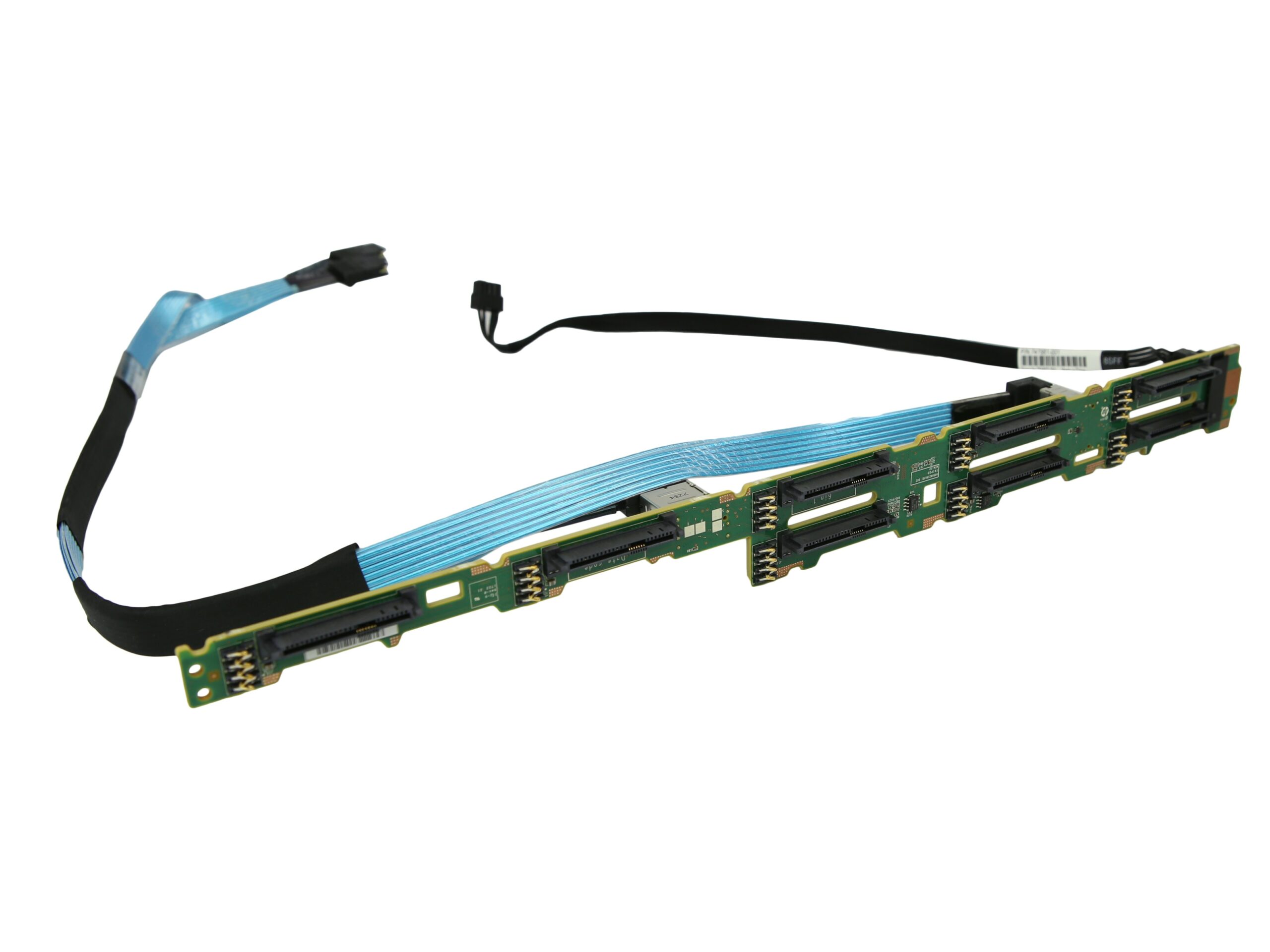 Wąska płytka backplane SAS z 8 złączami dysków 2.5" i podłączonym niebieskim płaskim kablem taśmowym oraz cienkim przewodem zasilającym.