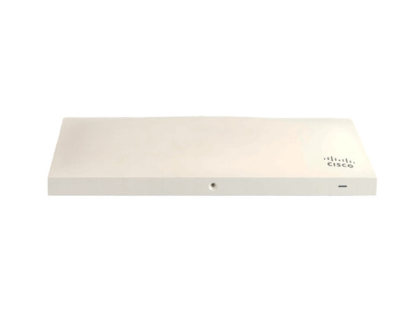 Punkt dostępowy Cisco Meraki MR33 w białej płaskiej obudowie, widok z przodu pod niewielkim kątem, na przedniej krawędzi widoczna dioda LED.