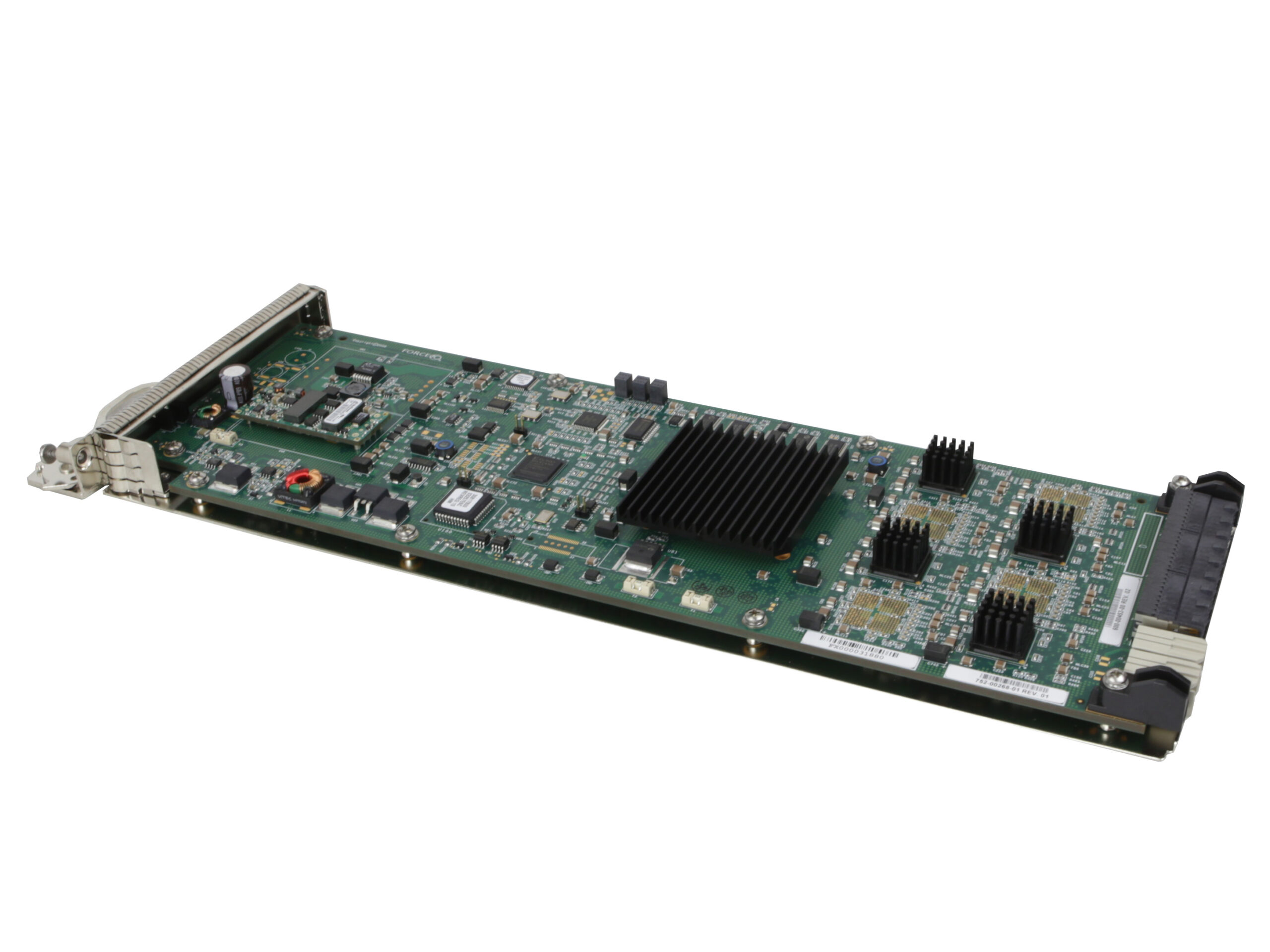 Karta modułu Dell Force10 CC-E-SFM widoczna pod kątem z boku, z układami chłodzącymi i metalowym panelem czołowym ze złączem SFP.