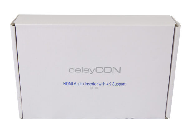 Białe pudełko deleyCON z napisem "HDMI Audio Inserter with 4K Support" na froncie.