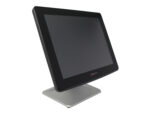 Monitor dotykowy POS Colormetrics P4500 na metalowej podstawie, widoczny pod kątem z boku z czarną obudową.
