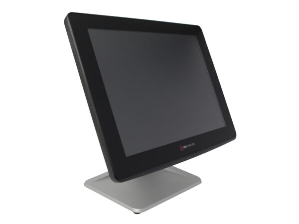 Monitor dotykowy POS Colormetrics P4500 na metalowej podstawie, widoczny pod kątem z boku z czarną obudową.