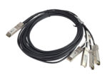 Kabel DAC z jedną wtyczką QSFP+ po jednej stronie i czterema rozdzielonymi wtyczkami SFP+ po drugiej.