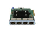 Karta sieciowa mLOM z czterema portami RJ45, widoczny czarny radiator i złącze PCIe krawędziowe od góry.