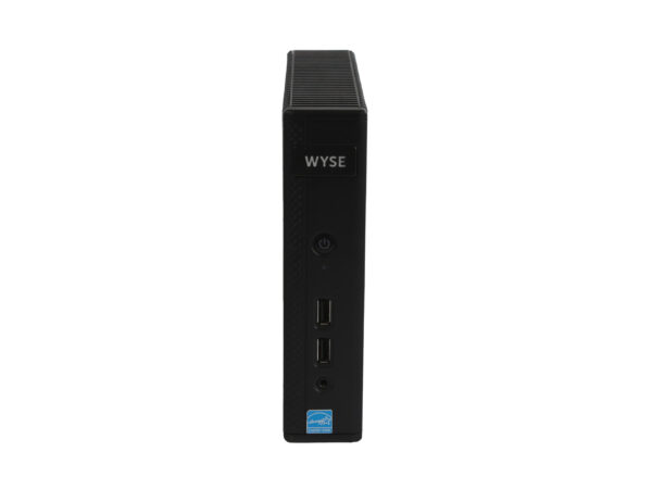 Przedni panel thin clienta Wyse z logo, dwoma portami USB i naklejką procesora AMD, obudowa czarna pionowa.
