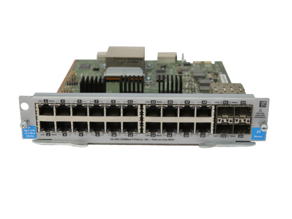 Moduł HP J9549A pod kątem z góry, widoczne 20 portów RJ45 i 4 sloty SFP z niebieskimi oznaczeniami.