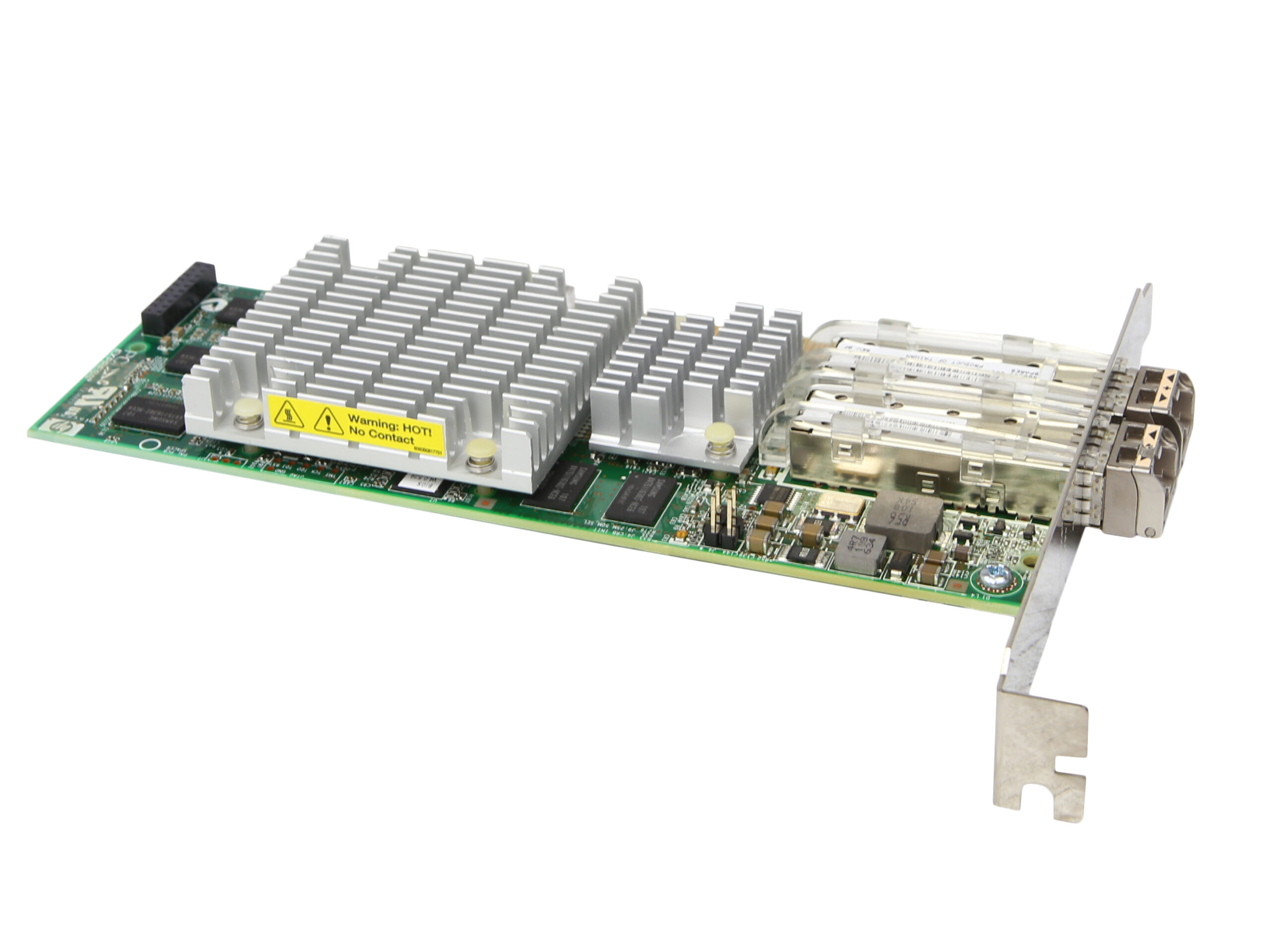 Karta sieciowa HP z radiatorem i dwoma portami SFP+, widoczny wspornik śledzia wysokiego profilu.
