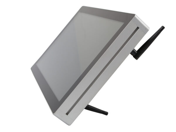 Panel przemysłowy Advantech All-in-One 15,6" widziany pod kątem z boku, z anteną Wi-Fi i podstawką z tyłu.