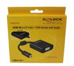 Pudełko Delock z adapterem HDMI Micro-D na VGA z audio, na opakowaniu zdjęcie czarnego kabla ze złączami.