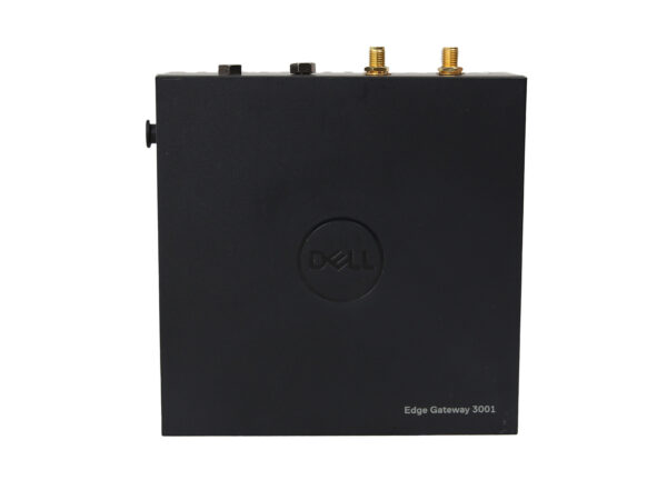 Górna część obudowy Dell Edge Gateway 3001 z dwiema antenami i logo Dell, widok od góry pod niewielkim kątem.