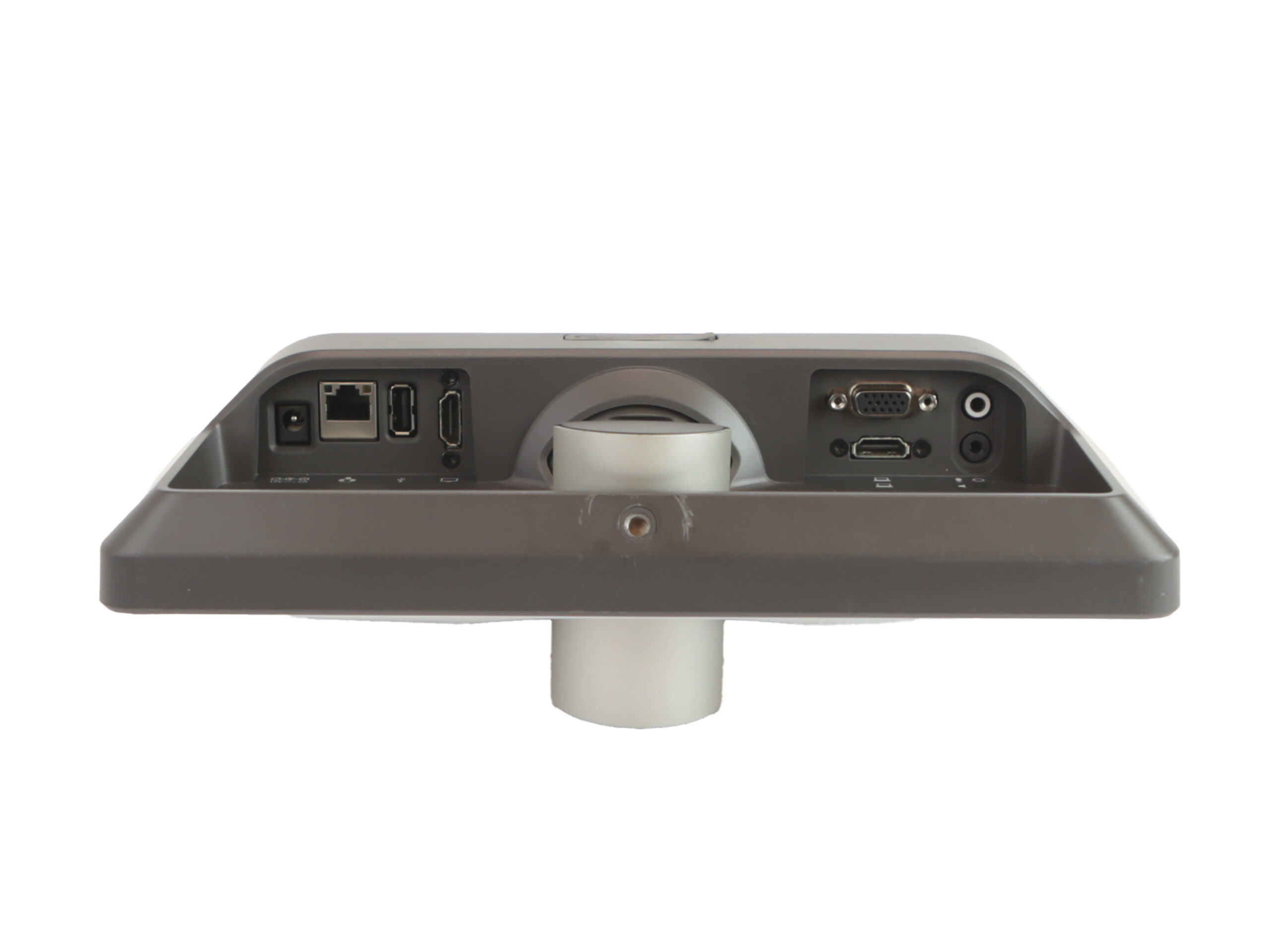Tylny panel kamery Cisco SX10 na podstawie z widocznymi portami LAN, HDMI i audio.