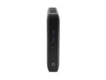 Przedni panel pionowo ustawionego thin clienta HP t520 z widocznymi portami USB i logo HP na czarnej obudowie.