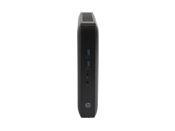 Przedni panel pionowo ustawionego thin clienta HP t520 z widocznymi portami USB i logo HP na czarnej obudowie.