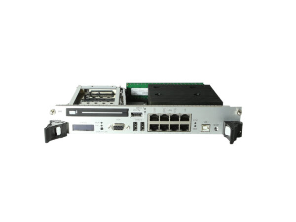 Moduł Siemens DSCXL+ z przodu, widoczne osiem portów RJ45, port szeregowy i uszy montażowe do szafy rack.