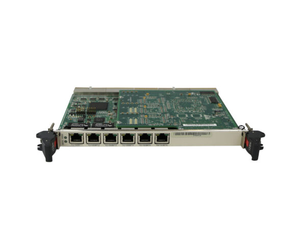 Karta modułu Huawei z sześcioma portami RJ45 w rzędzie i dźwigniami wysuwającymi po bokach obudowy.