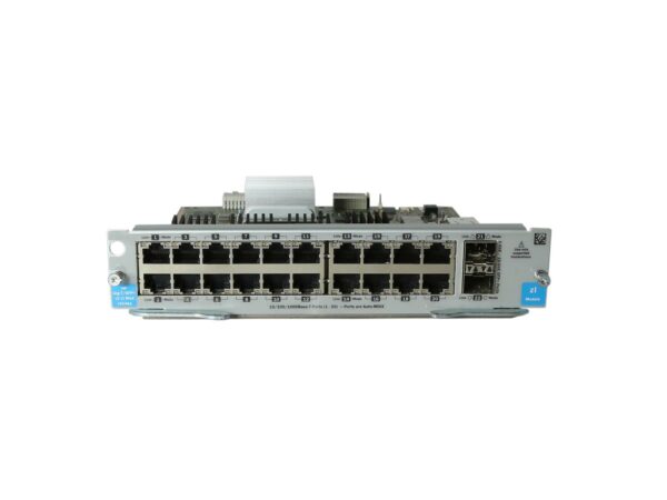 Moduł rozszerzeń HP z dwoma rzędami portów RJ45 i dwoma slotami SFP+ oznaczonymi niebieską ramką, widok od przodu.