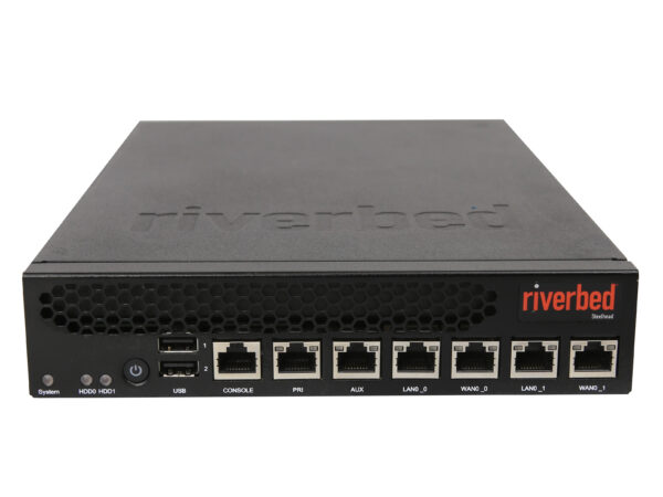 Przedni panel urządzenia Riverbed Steelhead z portem konsoli, portem USB i rzędem sześciu portów sieciowych RJ45.