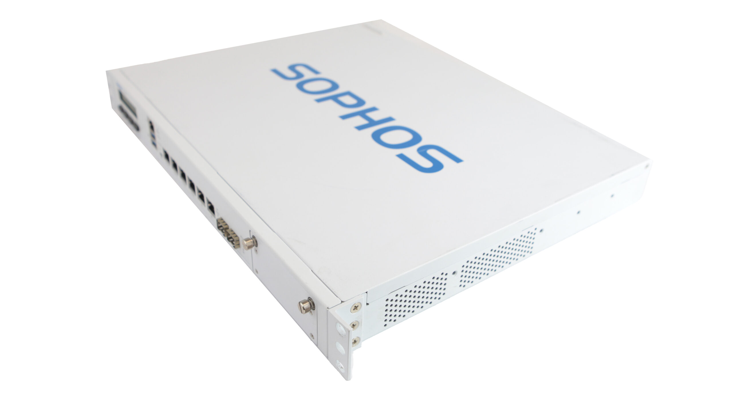 Obudowa firewalla Sophos SG 210 pod kątem z przodu, widoczne porty RJ45 i SFP oraz logo Sophos na górnej pokrywie.