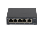 Przód switcha TP-Link TL-SG105 z pięcioma ponumerowanymi portami RJ45 i diodą zasilania, obudowa w kolorze szarym.