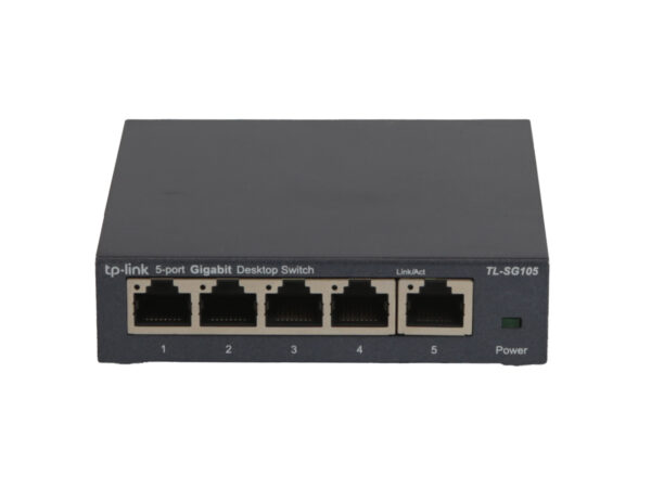 Przód switcha TP-Link TL-SG105 z pięcioma ponumerowanymi portami RJ45 i diodą zasilania, obudowa w kolorze szarym.