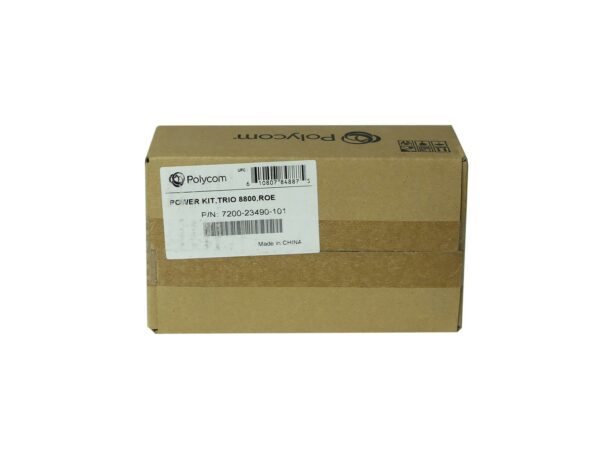 Zamknięte tekturowe pudełko zasilacza Polycom Power Kit z naklejką z logo i opisem produktu.