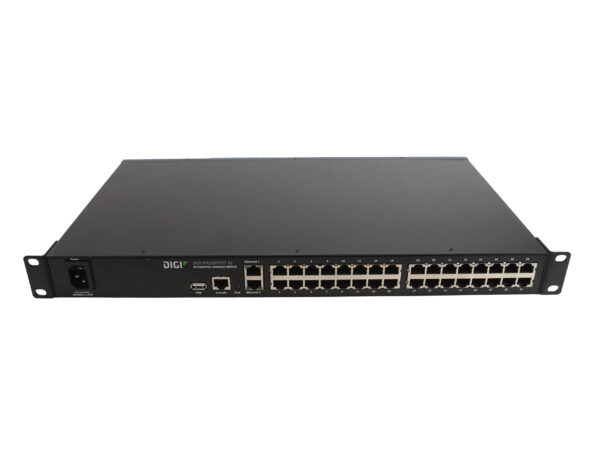 Serwer konsolowy Digi Passport 32 w obudowie rack, przód z dwoma rzędami portów RJ45 i uszami montażowymi po bokach.