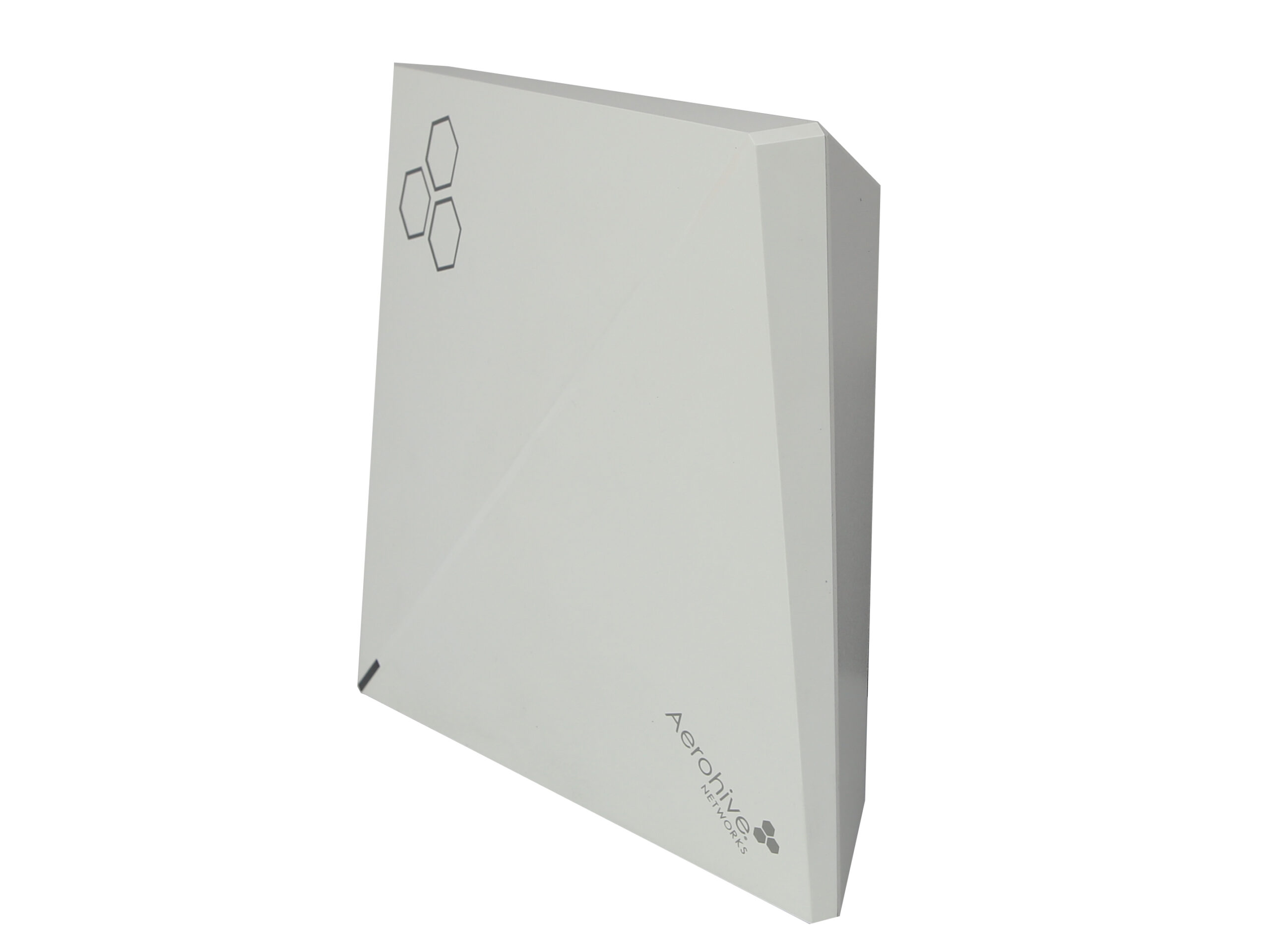 Biały punkt dostępowy Aerohive AP250 w kształcie ściętego prostokąta, widok pod kątem z logo producenta.