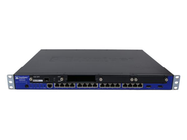 Przedni panel urządzenia Juniper SRX240H2 z rzędami portów RJ45, diodami LED i uszami montażowymi do szafy rack