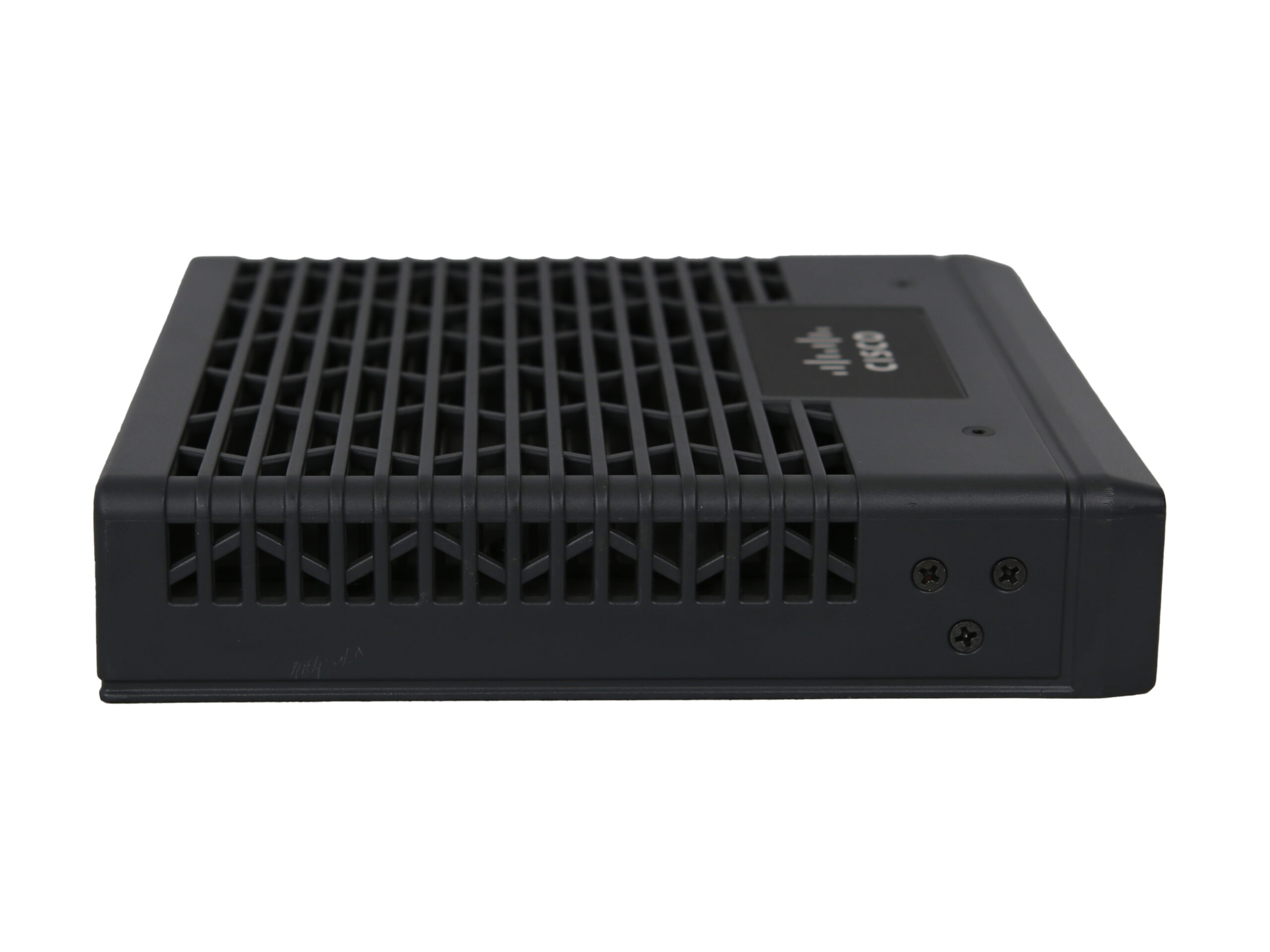 Router Cisco C819HG widoczny z boku, z perforowaną kratką wentylacyjną na górnej pokrywie czarnej obudowy.