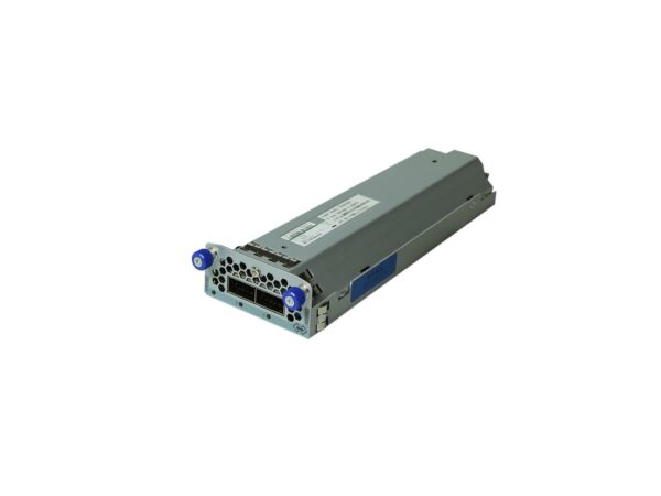 Moduł QSFP Hitachi w metalowej obudowie, widok z boku na złącze wielostykowe i dwa sloty portów.