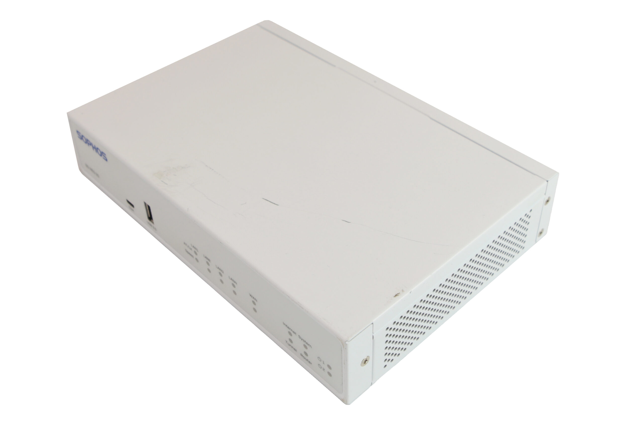 Białe urządzenie Sophos SD-RED 20 pod kątem z góry, widoczne porty RJ45 z boku i otwory wentylacyjne obudowy.