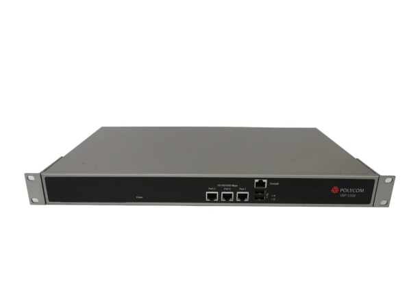 Przedni panel urządzenia Polycom VBP 5300 z trzema portami RJ-45, portem konsolowym i uszami montażowymi do szafy rack.
