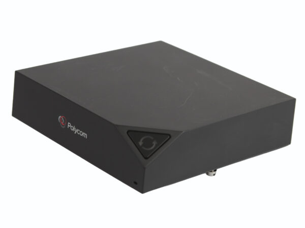 Czarna prostokątna obudowa modułu Polycom Visual+ z logo z przodu i widocznym złączem z boku, ujęcie pod kątem.
