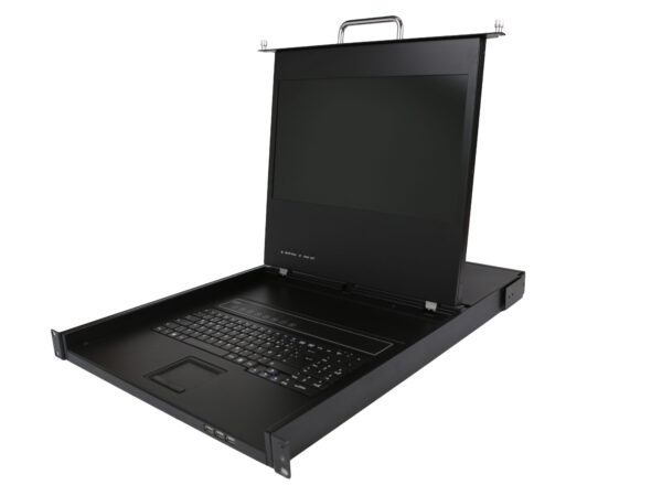 Konsola KVM rack 1U z uchylnym monitorem 17 cali uniesionym do góry i wysuniętą szufladą z klawiaturą i touchpadem.