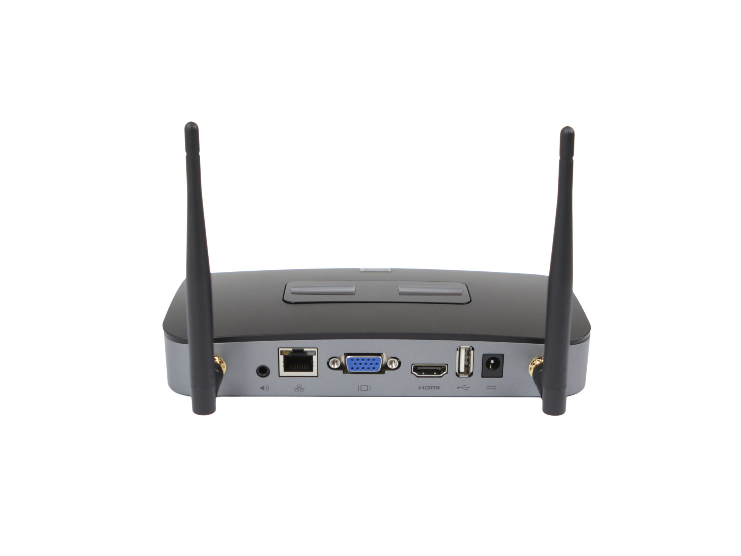 Tylny panel urządzenia Barco ClickShare z dwiema antenami, portami LAN, VGA, HDMI i zasilania.
