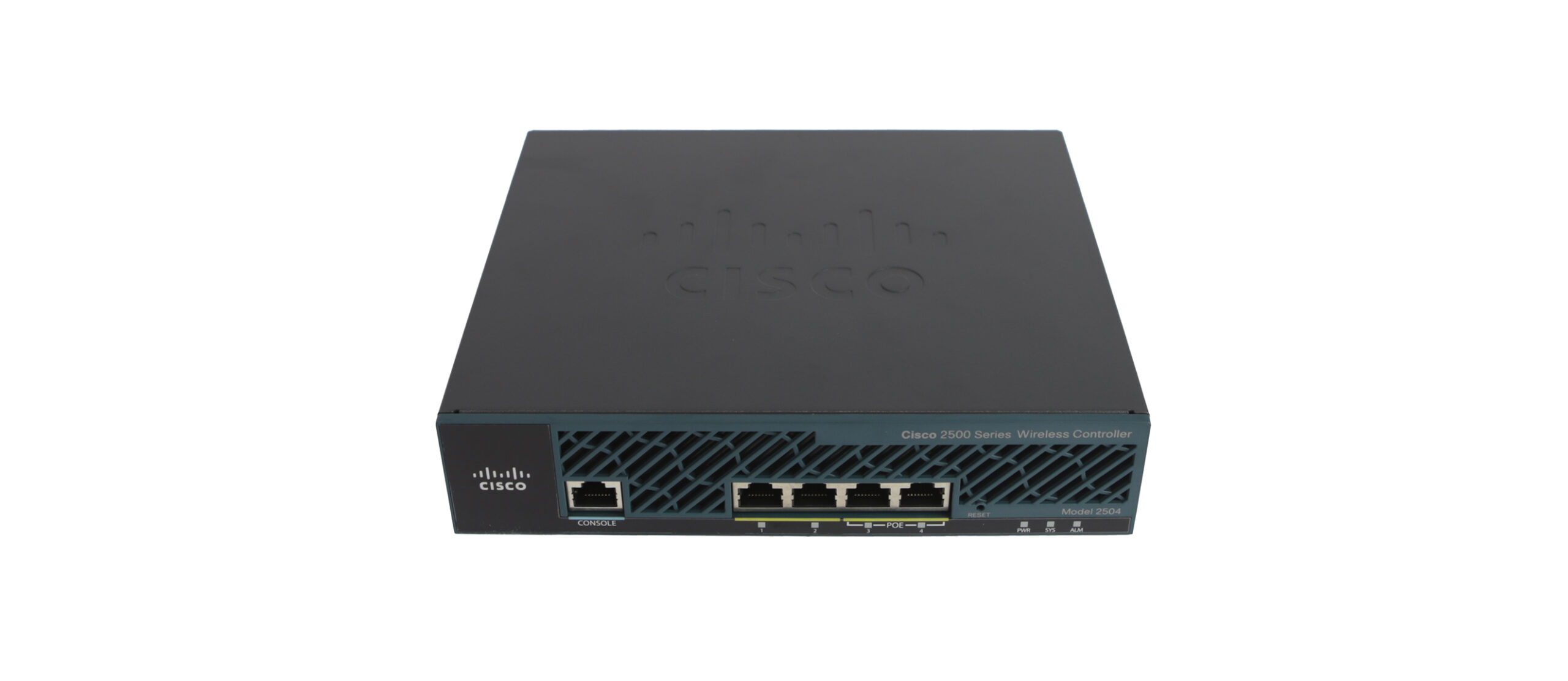 Przedni panel kontrolera Cisco z czterema portami RJ45 i portem konsoli, obudowa w dobrym stanie.